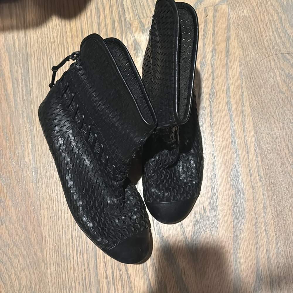 CHANEL Black Leather Flat Ankle Booties SZ: 36.5